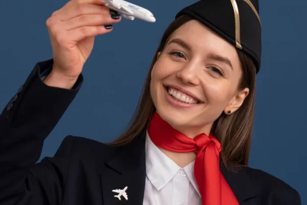 Smiling flight attendant holding an airplane model representing professional aviation medical certification by Dr. Phanor Calle in Weston, Florida.