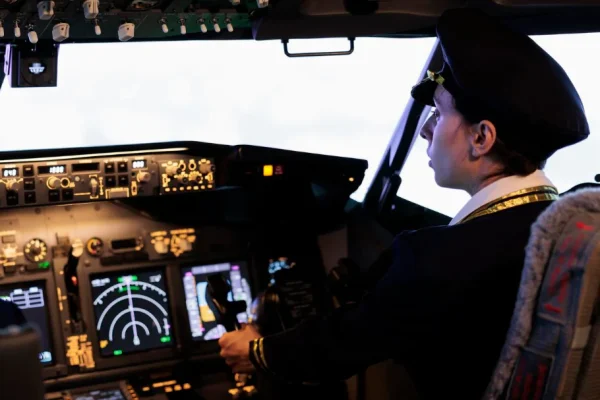 Airline pilot inside a cockpit undergoing FAA medical certification at Weston Medical Clinic in Florida.