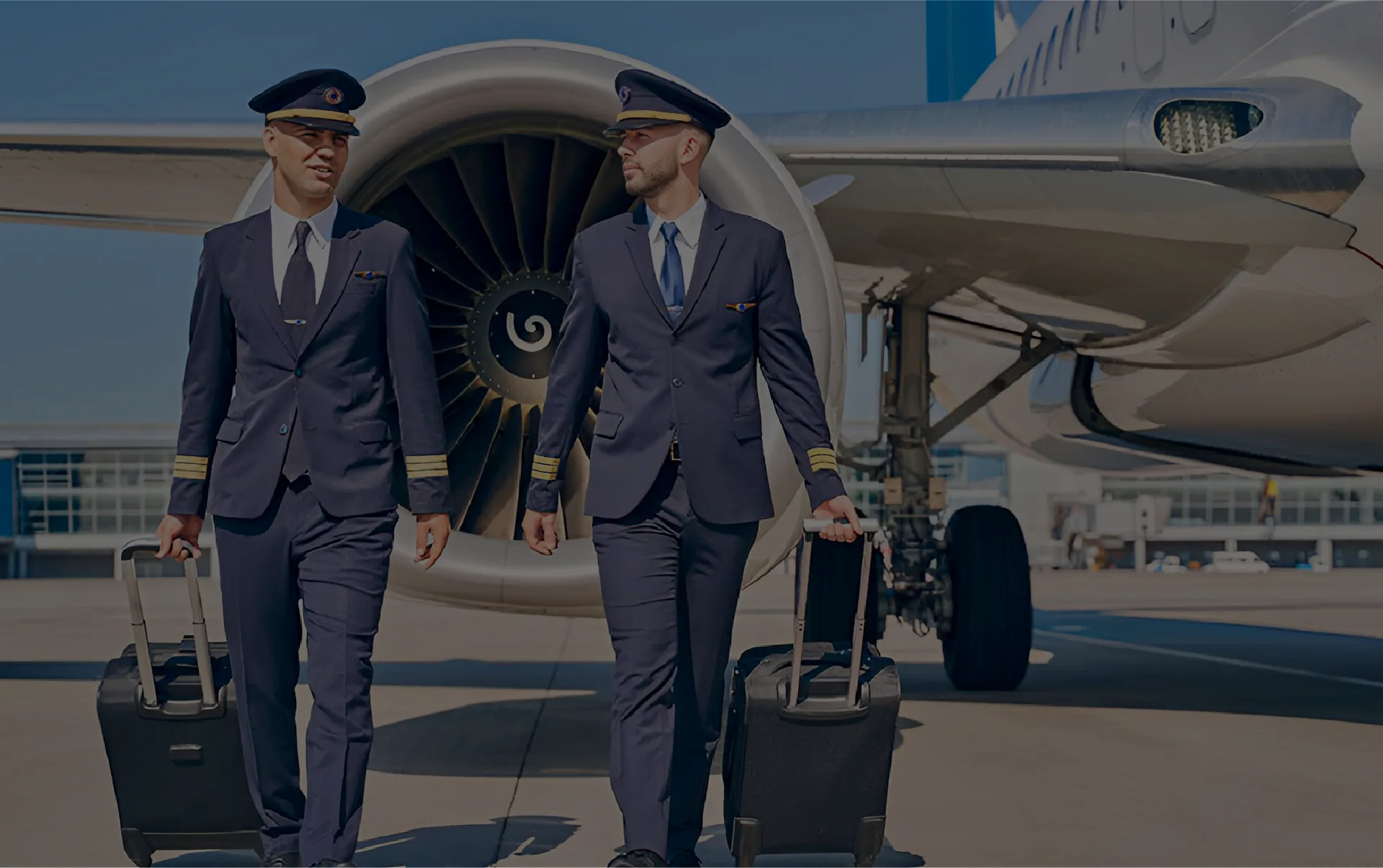 Two airline pilots walking on the airport tarmac beside an aircraft, symbolizing FAA flight physicals in Weston, Florida.