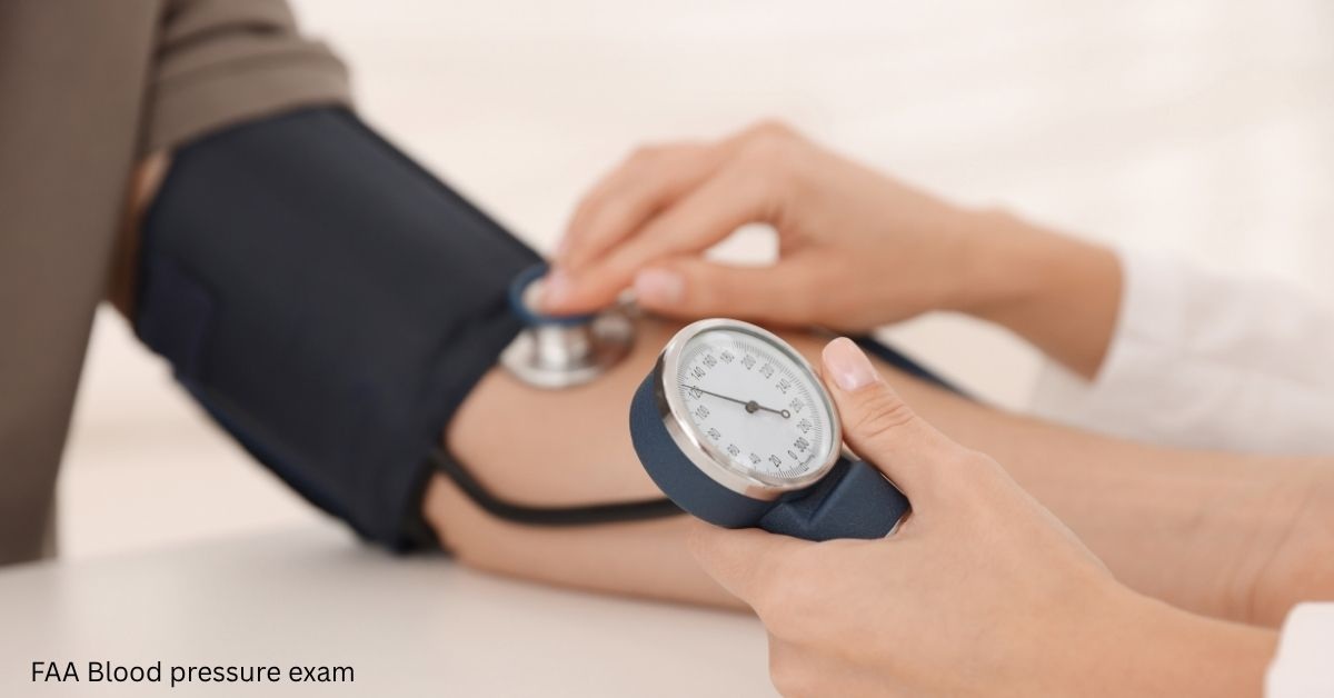 FAA Aviation Medical Examiner checking a pilot's blood pressure during an FAA medical examination