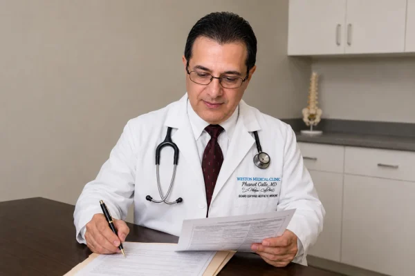 Dr. Phanor Calle reviewing FAA medical records for a complex aviation medical certification case at Weston Medical Clinic.